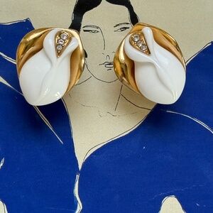 VINTAGE KJL (Avon) Earrings White Rose Crystals Gold Posts
